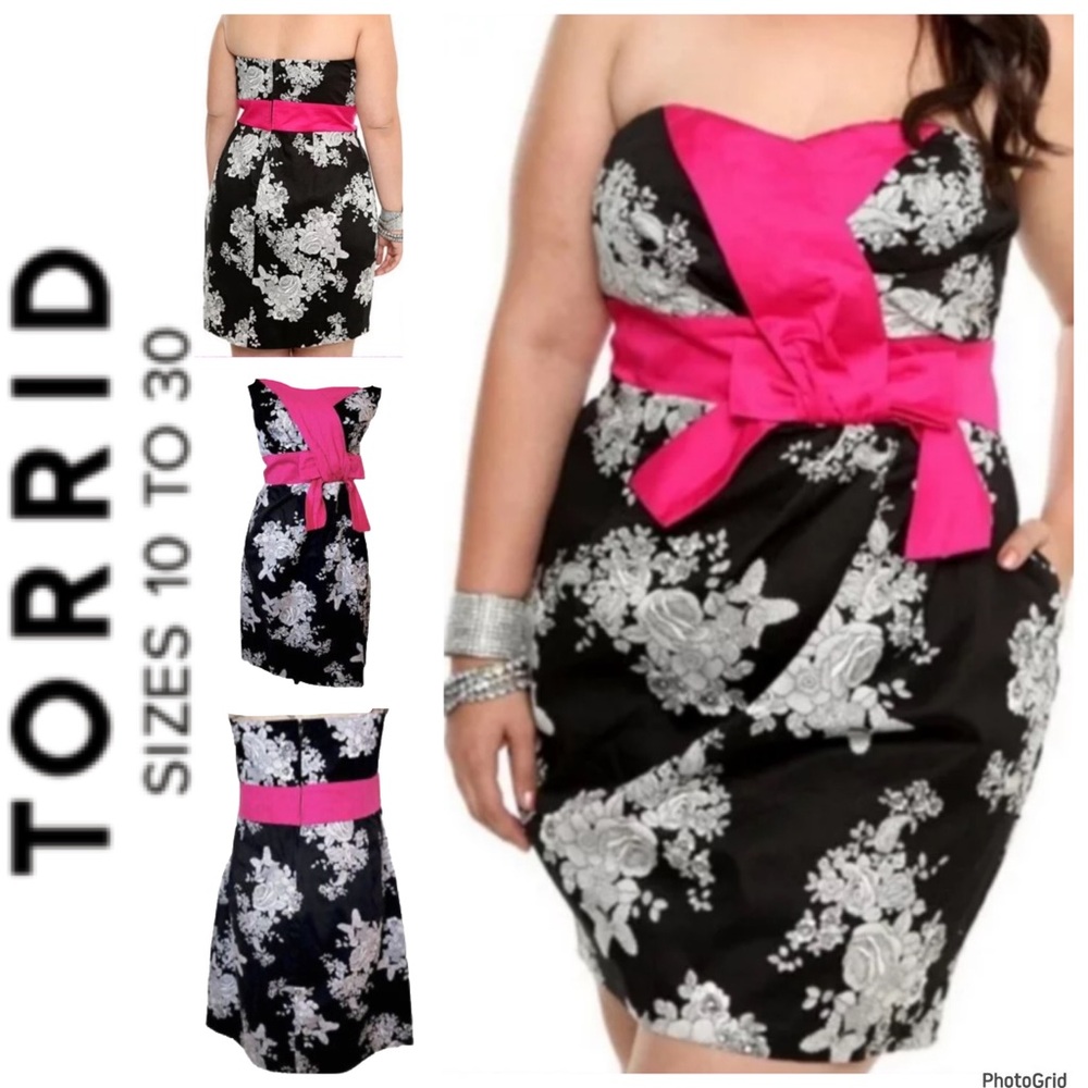 Torrid 18 plus size black strapless floral bodycon dress